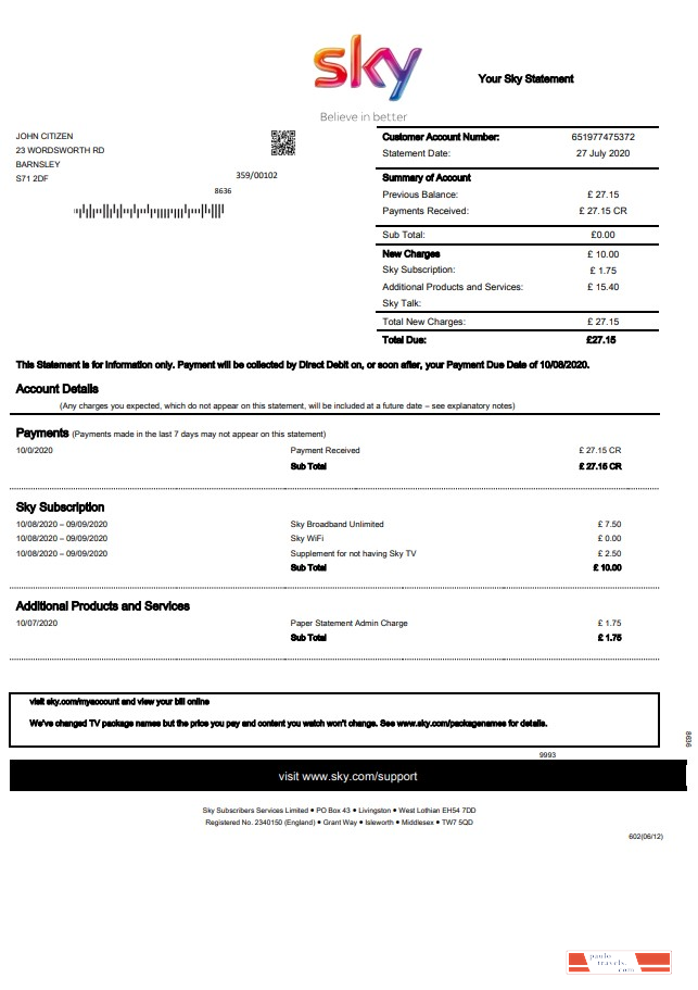 United Kingdom Sky utility bill statement template in Word and PDF format